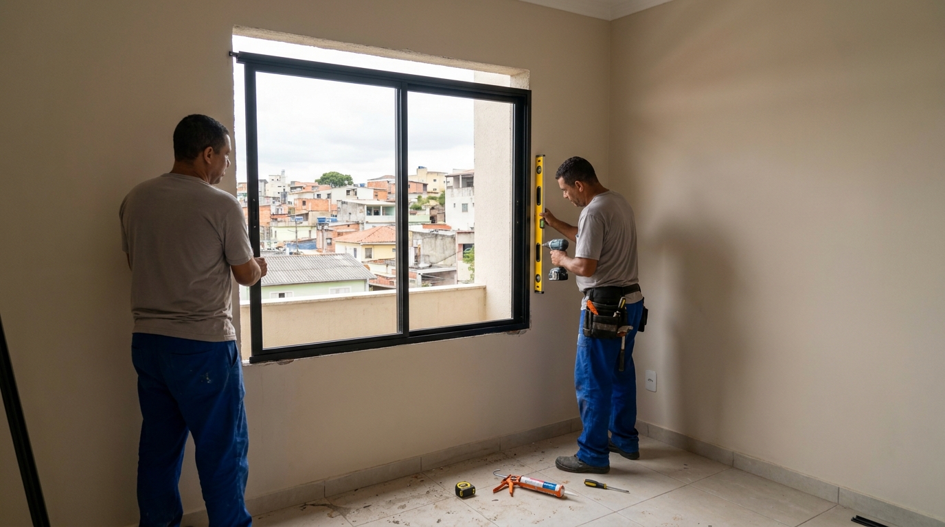 Esquadria de alumínio em quarto bege em Franca-SP